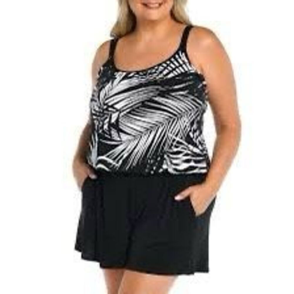 Maxine Of Hollywood Size 18W One Piece Swimsuit Dress Black Tropical Palm Print
